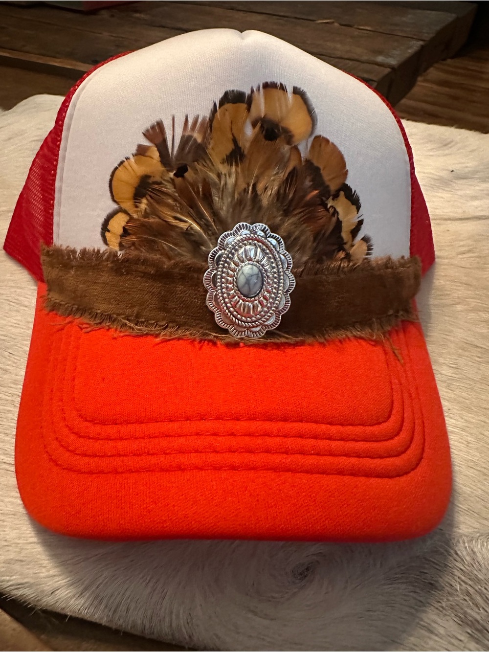 Feather Accent Red Trucker Hat